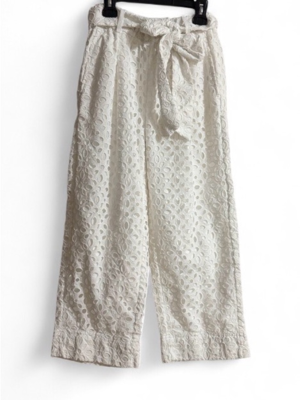 J.Crew White Tie-Waist Eyelet Cropped Wide Leg Pants Lace Beach Linen Look